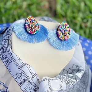 New Beautiful Light Blue Round Tassel Earrings with beads, so luxury and chic